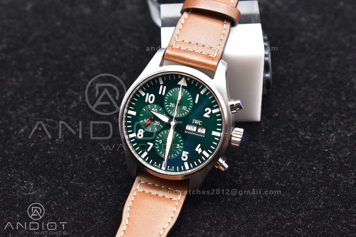 Pilot Chronograph IW377726 ZF 1:1 Best Edition Green Dial on Brown Leather Strap A7750 V2